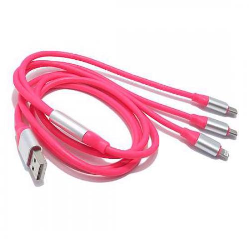 USB data kabl RUBBER 3in1 (micro/Iphone lightning/type C) pink preview