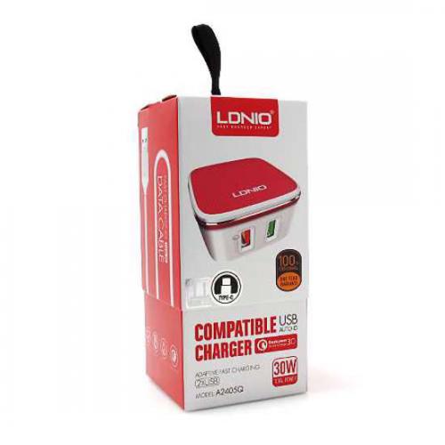 Kucni punjac LDNIO A2405Q 2xUSB 5V/2 4A FAST QC 3 0 Type C crveno-beli preview