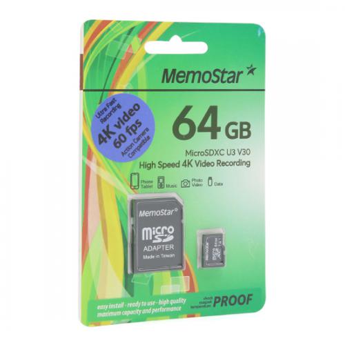 Memorijska kartica MemoStar Micro SD 64GB U3 V30 plus SD adapter preview